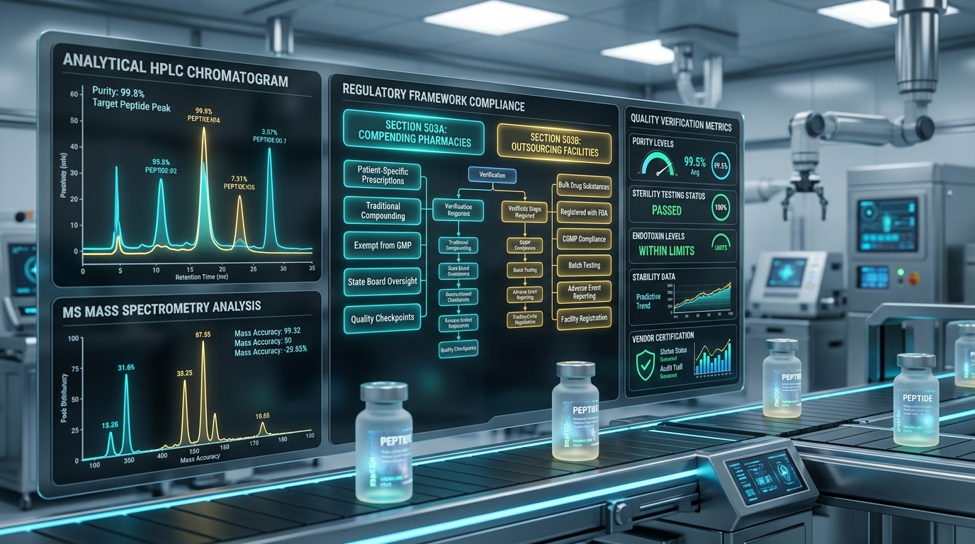 3D high-tech visualization of Section 503A vs 503B regulatory framework compliance, HPLC chromatograms, and CGMP quality verification