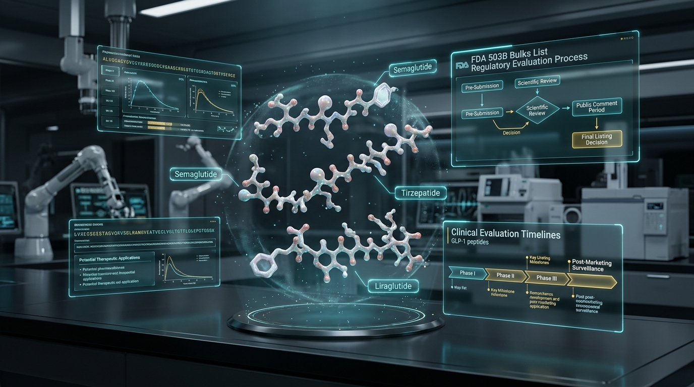 3D visualization of FDA 503B Bulks List regulatory evaluation process and GLP-1 peptide clinical timelines for semaglutide, tirzepatide and liraglutide